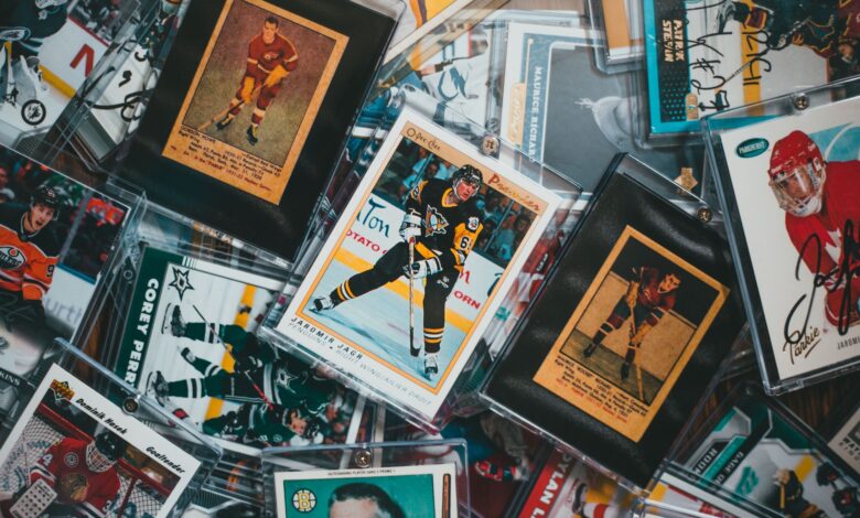 A close-up view of assorted vintage and modern hockey trading cards.