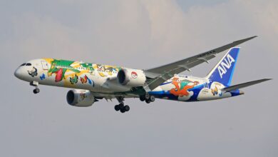 ANA airplane decorated with Pokémon artwork in flight, showcasing vibrant character designs.