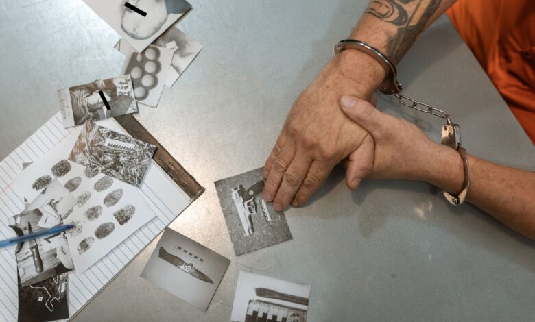 A handcuffed individual examines evidence photos and documents during an investigation.