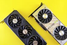 Two modern graphics cards on a bright yellow background, highlighting technology and design.