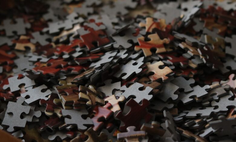 A detailed view of various colored puzzle pieces forming a complex pattern.