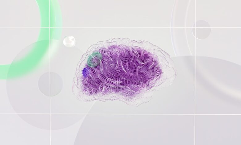 3D rendered abstract design featuring a digital brain visual with vibrant colors.