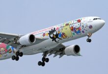 Airplane adorned with vibrant Sanrio characters, soaring in clear skies.