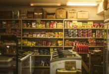 Shelf packed with diverse Asian snacks and groceries in an inviting store setting.