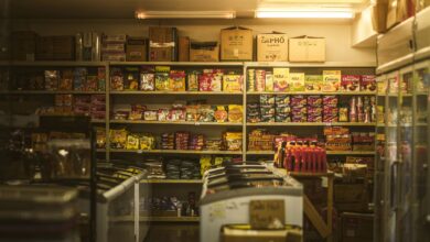 Shelf packed with diverse Asian snacks and groceries in an inviting store setting.