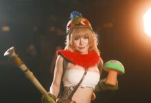 Female cosplayer in vibrant costume holding a toy prop, showcasing charismatic character portrayal.