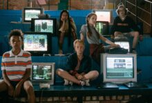 Group of teenagers interacting with old school video game consoles, evoking 80s nostalgia.
