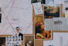 A detailed crime investigation board with photos, maps, and red threads used for connecting clues.