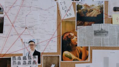 A detailed crime investigation board with photos, maps, and red threads used for connecting clues.