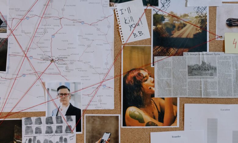 A detailed crime investigation board with photos, maps, and red threads used for connecting clues.