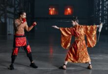 A dynamic scene of a boxer facing a samurai in traditional attire in an industrial space.