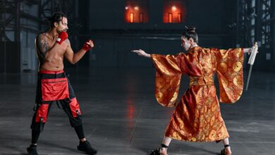 A dynamic scene of a boxer facing a samurai in traditional attire in an industrial space.