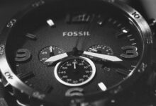 Elegant close-up of a Fossil wristwatch with intricate detailing and precise craftsmanship.
