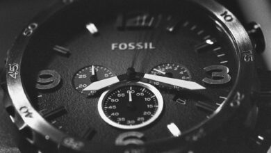 Elegant close-up of a Fossil wristwatch with intricate detailing and precise craftsmanship.