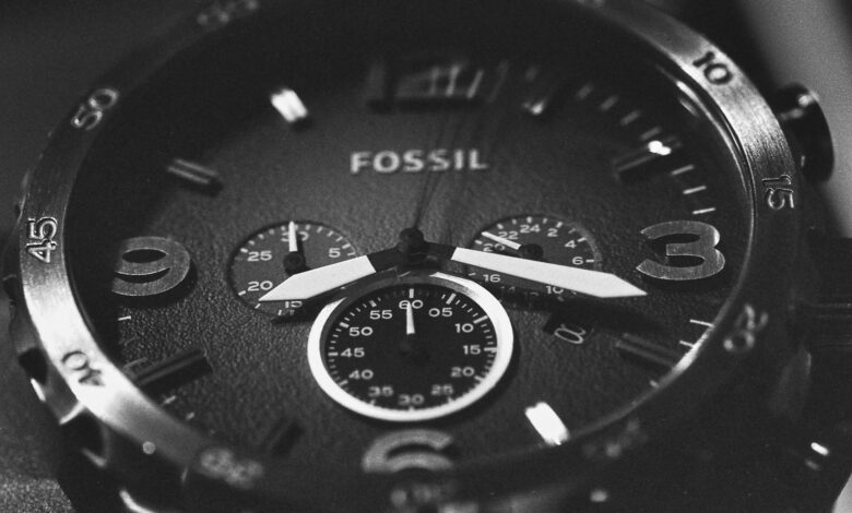 Elegant close-up of a Fossil wristwatch with intricate detailing and precise craftsmanship.