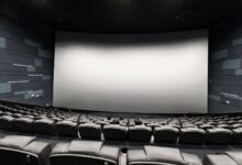 Spacious empty movie theater with a few people seated and a large blank screen.
