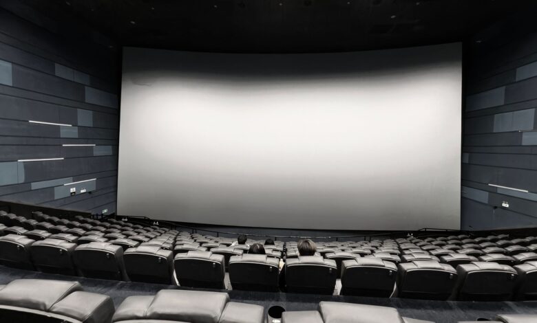 Spacious empty movie theater with a few people seated and a large blank screen.