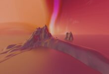 Surreal abstract landscape featuring vibrant colors, digital render of mountains and sea.