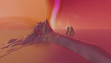 Surreal abstract landscape featuring vibrant colors, digital render of mountains and sea.