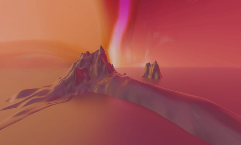 Surreal abstract landscape featuring vibrant colors, digital render of mountains and sea.
