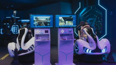 Futuristic gaming chairs with VR headsets and monitors, capturing immersive gameplay in a modern arcade.