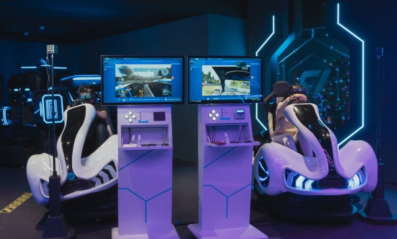 Futuristic gaming chairs with VR headsets and monitors, capturing immersive gameplay in a modern arcade.