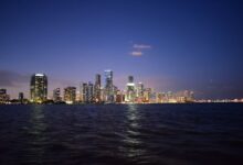 Breathtaking view of Miami's skyline reflecting on Biscayne Bay at twilight.
