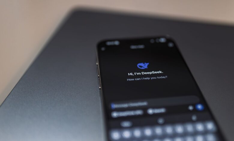 Close-up of a smartphone displaying an AI chat interface with the DeepSeek app.