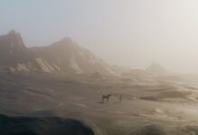 A lone figure and horse silhouette amidst a mystical desert landscape.