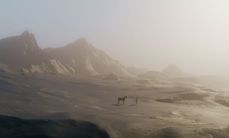 A lone figure and horse silhouette amidst a mystical desert landscape.