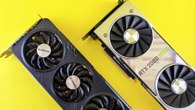Two modern graphics cards on a bright yellow background, highlighting technology and design.