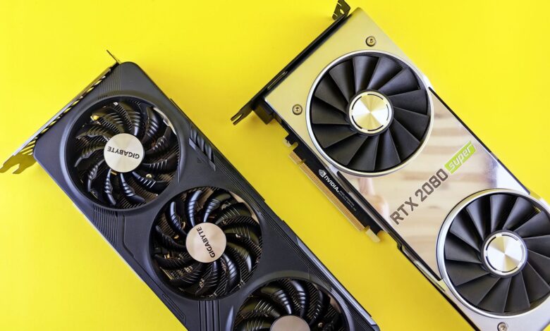 Two modern graphics cards on a bright yellow background, highlighting technology and design.
