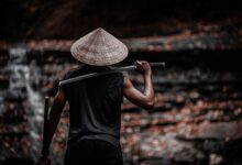 A person with a conical hat holding a sword, creating a mysterious warrior silhouette.