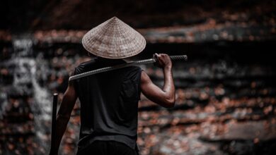 A person with a conical hat holding a sword, creating a mysterious warrior silhouette.
