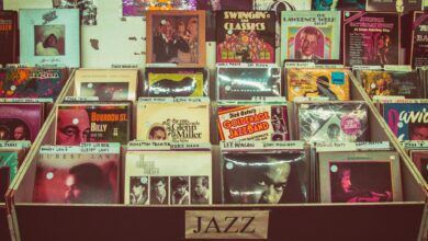 A collection of vintage jazz vinyl records displayed at a music store evoking nostalgia and retro charm.
