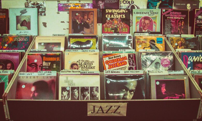 A collection of vintage jazz vinyl records displayed at a music store evoking nostalgia and retro charm.