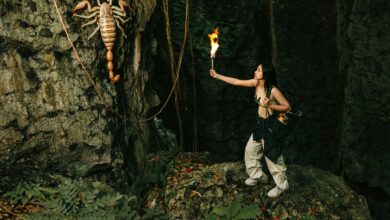 An adventurous woman explores a cave, wielding a torch against a giant scorpion.