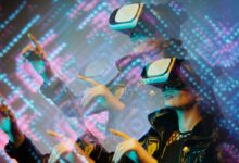 Woman enjoying a virtual reality simulation with futuristic graphics in a dimly lit room.