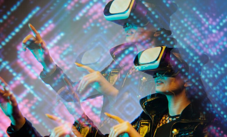 Woman enjoying a virtual reality simulation with futuristic graphics in a dimly lit room.