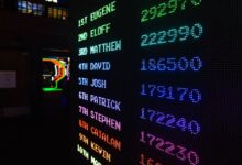 Colorful illuminated arcade scoreboard displaying high scores in a vibrant gaming ambiance.