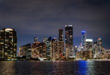 Captivating view of Miami's illuminated skyline at night, showcasing its modern architecture and vibrant city life.
