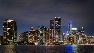 Captivating view of Miami's illuminated skyline at night, showcasing its modern architecture and vibrant city life.