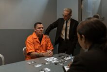 Prisoner in orange jumpsuit interviewed by detectives in a tense interrogation room scene.