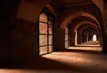 Dramatic lighting in an ancient stone corridor with gothic arches and barred gates.