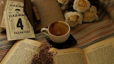 Aesthetic setup of coffee, books, and white roses on a cozy blanket.