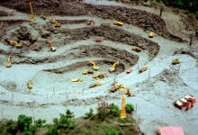 Aerial shot of a toy construction site with miniature bulldozers and excavators.
