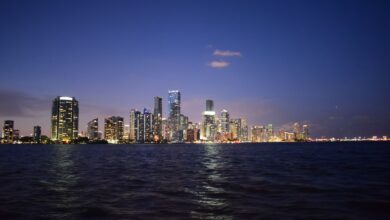 Breathtaking view of Miami's skyline reflecting on Biscayne Bay at twilight.