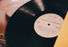 A vintage vinyl record titled 'Television's Greatest Hits' on a turntable.