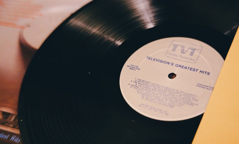 A vintage vinyl record titled 'Television's Greatest Hits' on a turntable.