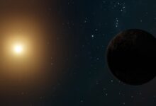 A celestial scene with a glowing star and a distant planet against a starry background.